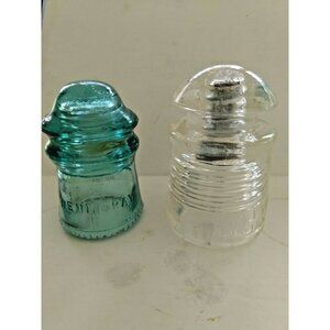 Two Vintage Glass Insulators - Blue Glass Hemingray #9 & Pyrex Clear Glass CM